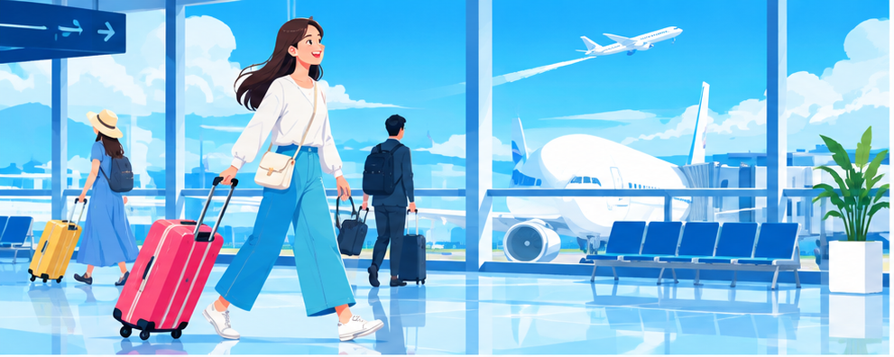 空港でスーツケースを引く旅行者のイラスト